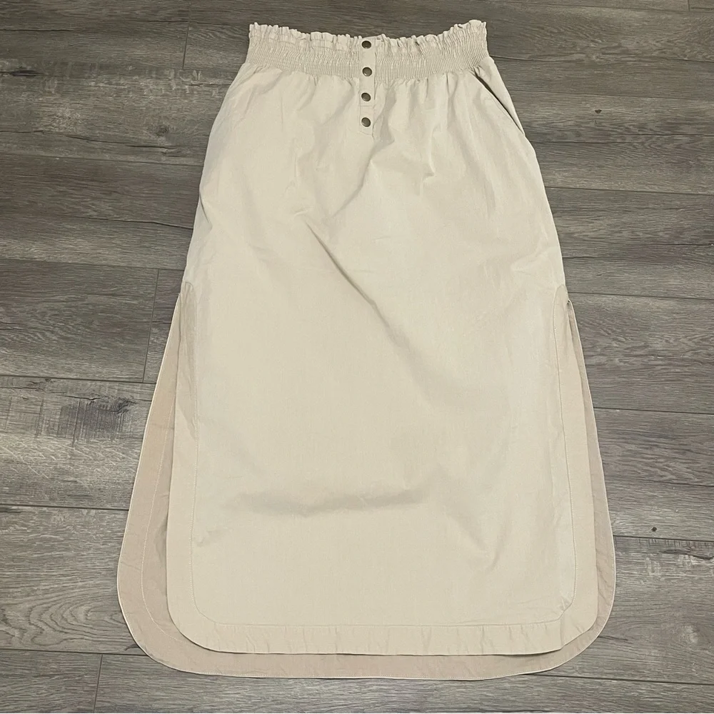 By Anthropologie Smocked Skirt Tan Maxi Midi Pull On Khaki Side Slit Pocket XL